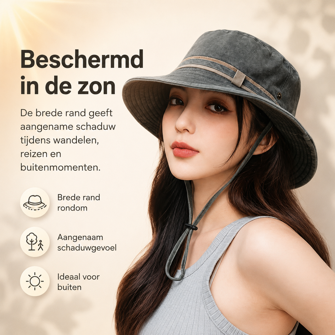 Stijlvolle dames zonnehoed van katoen met UV bescherming en kinband, ideaal voor outdoor.