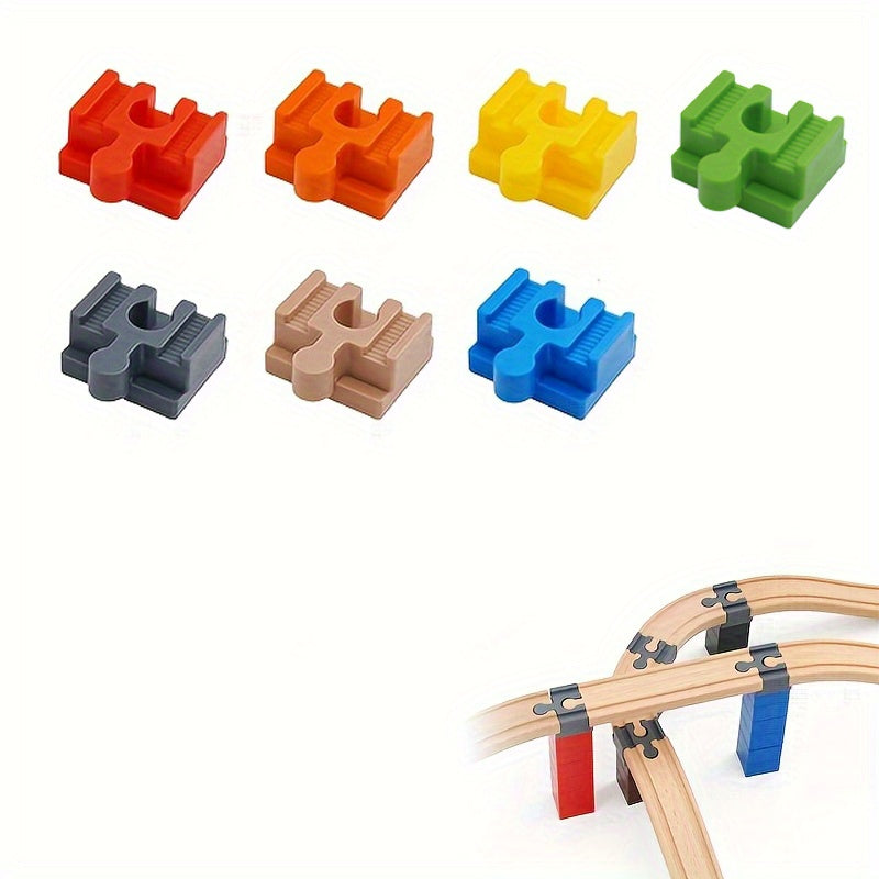 Close-up van diverse kleurrijke houten spooradapters, perfect voor modelbouw rails verbindingen.