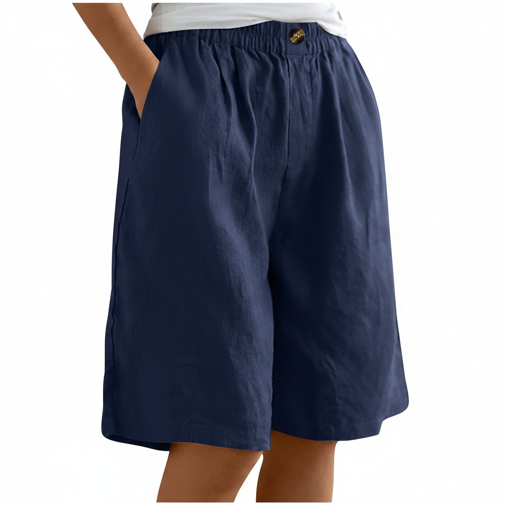 Ontspannen dames zomershort met hoge taille, katoen-linnen, comfortabel voor een zomerse dag of strandkleding.