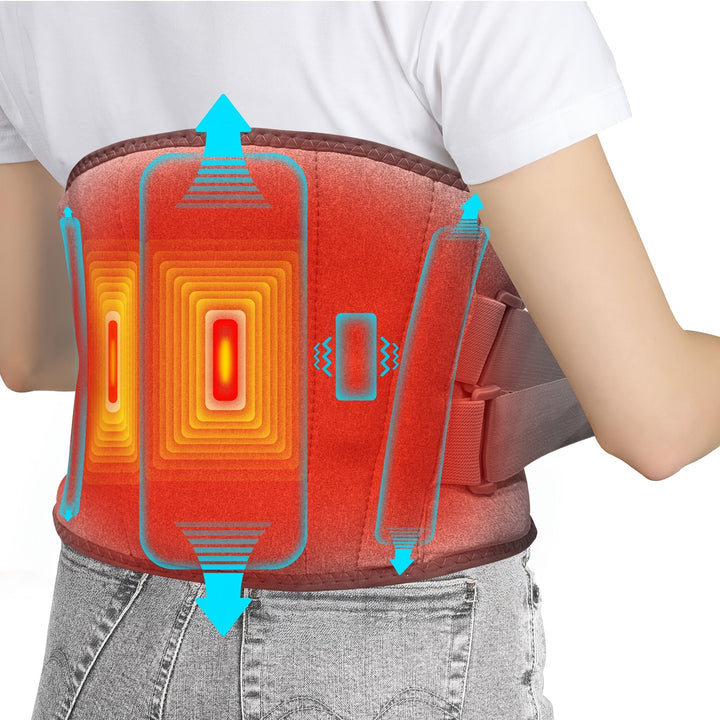 Draadloze verwarmde massageband voor rug en taille, met 3 instelbare warmte- en trillingsmodi.