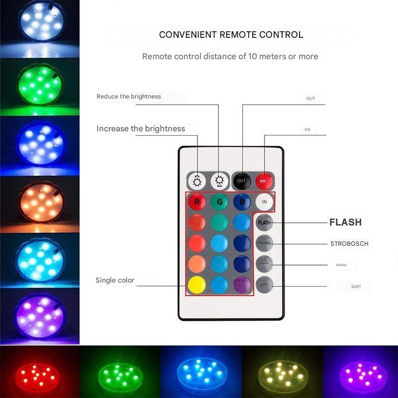 Heldere waterdichte LED onderwaterlamp met diverse kleuren en afstandsbediening voor maximale sfeer.