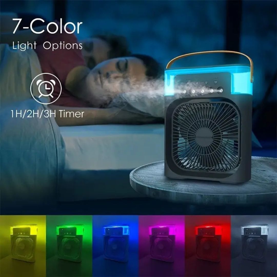 Witte draagbare airconditioningseenheid met sfeervol LED-licht, perfect voor verkoeling.