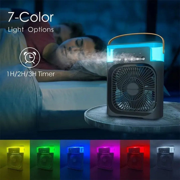 Witte draagbare airconditioningseenheid met sfeervol LED-licht, perfect voor verkoeling.