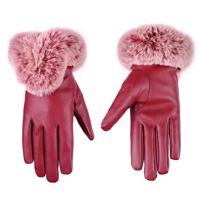 Paarse SilkGlide touchscreen winterhandschoenen van PU leer voor dames, elegant en praktisch.