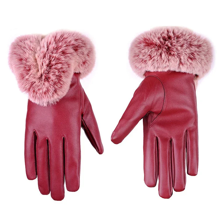 Paarse SilkGlide touchscreen winterhandschoenen van PU leer voor dames, elegant en praktisch.
