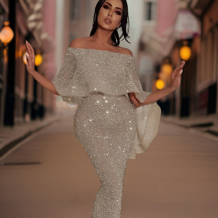 Veelzijdige off-shoulder damesjurk: lange avondjurk, cocktail- of feestjurk. Nieuwe collectie elegantie.