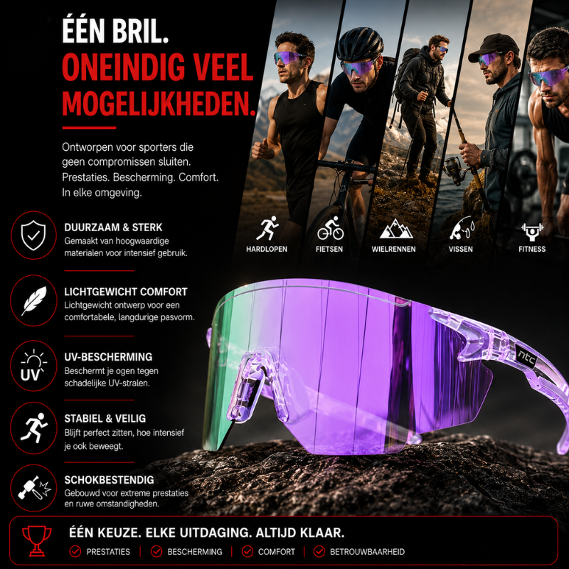 Stijlvolle heren sportzonnebril, frontaal zicht, met UV400 bescherming en modern design.
