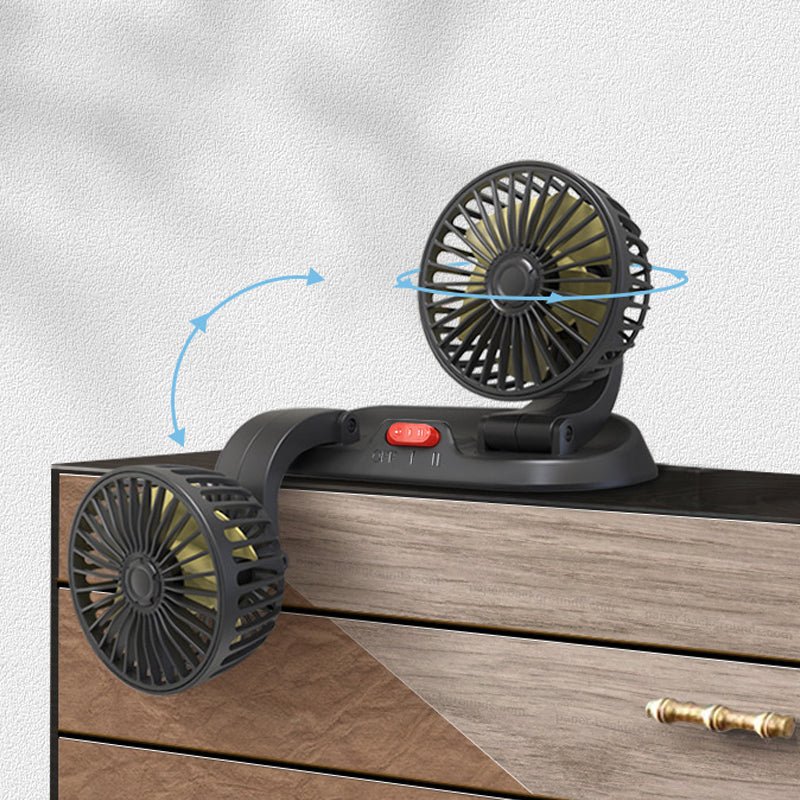 Flexibele USB auto ventilator met dubbele kop. Eenvoudig te monteren op dashboard voor gerichte koeling.