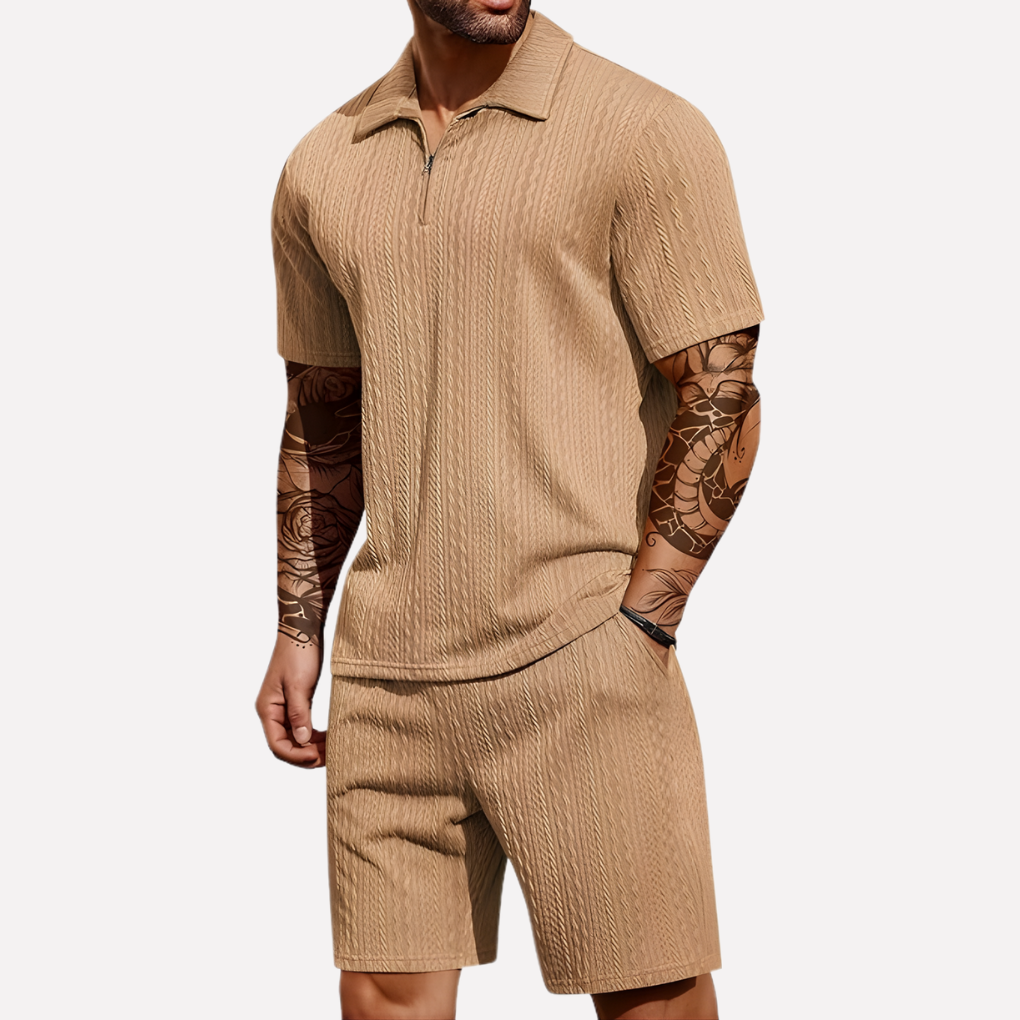 Heren shorts met elastische taille, onderdeel van een tweedelige zomer set met bijpassende polo.