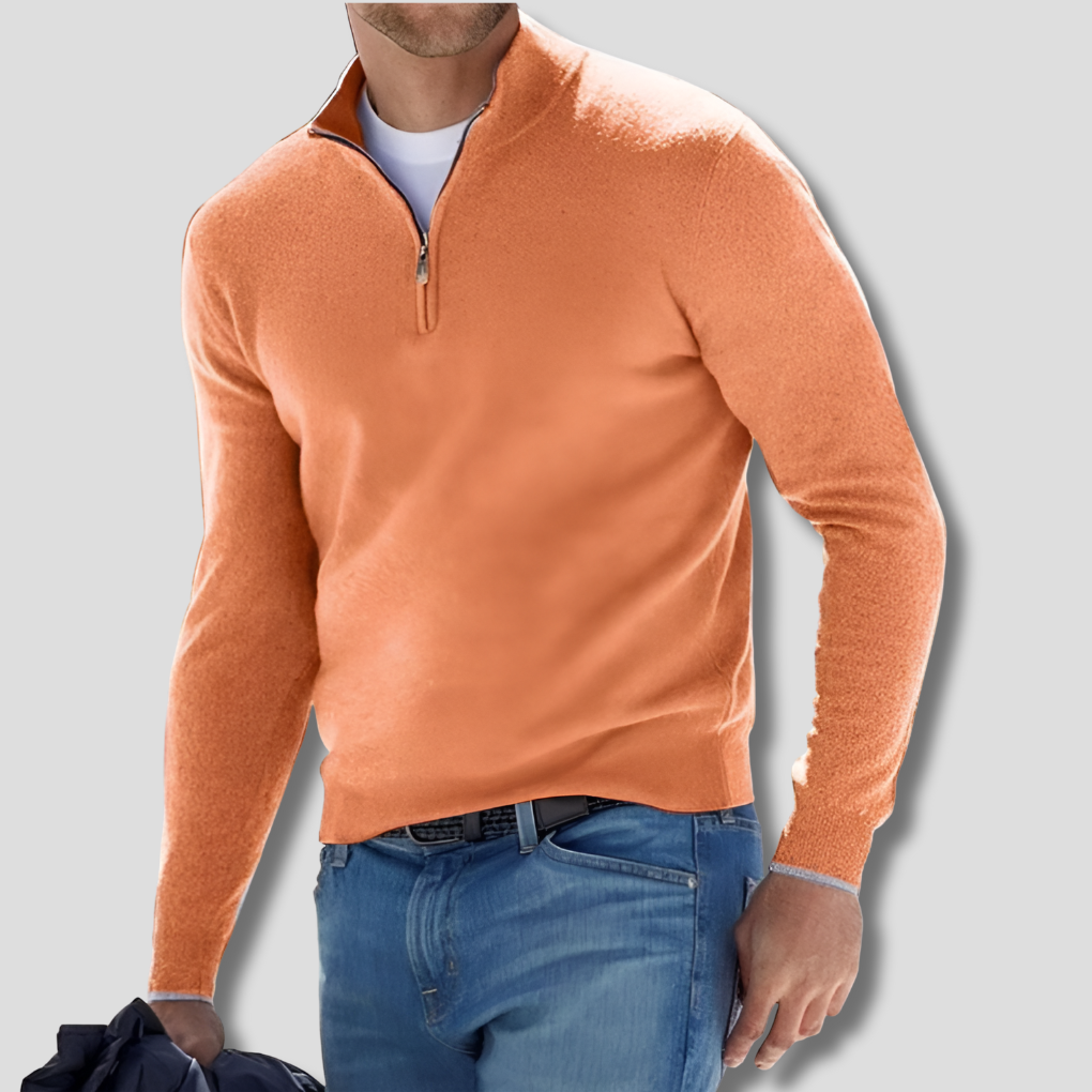 Details van de heren gebreide katoenen trui. Close-up van de ritskraag en textuur van de comfortabele pullover.