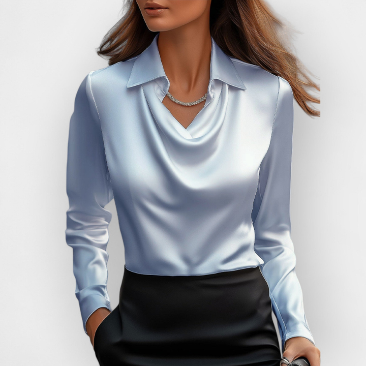 Veelzijdige damesblouse met watervalkraag, perfect voor zakelijk, casual chic en avondkleding.