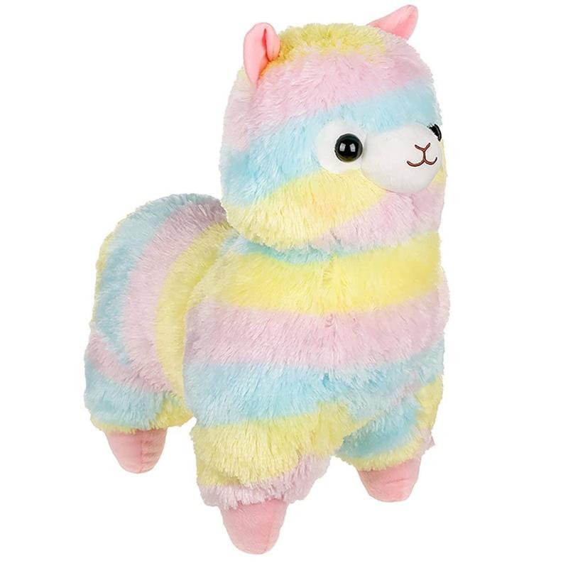 Levendige regenboog-alpaca knuffel, een schattig en zacht pluche speelgoed voor baby's en peuters.