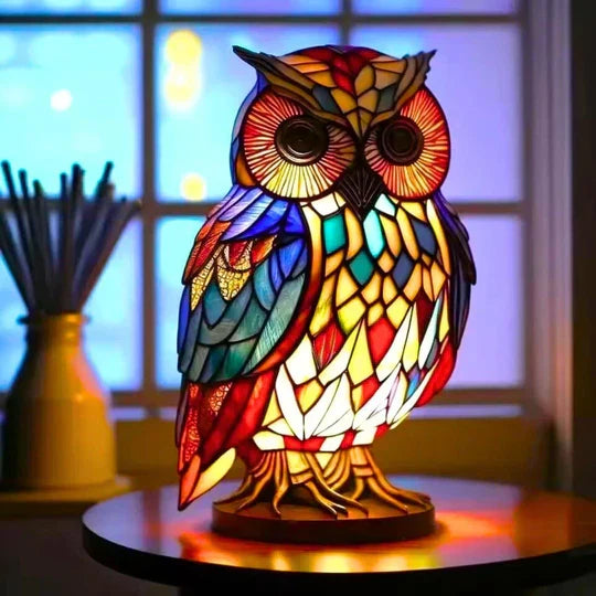 Handgemaakte decoratieve uilenlamp; sfeervolle verlichting voor interieur. Ideaal cadeau voor dierenliefhebber.