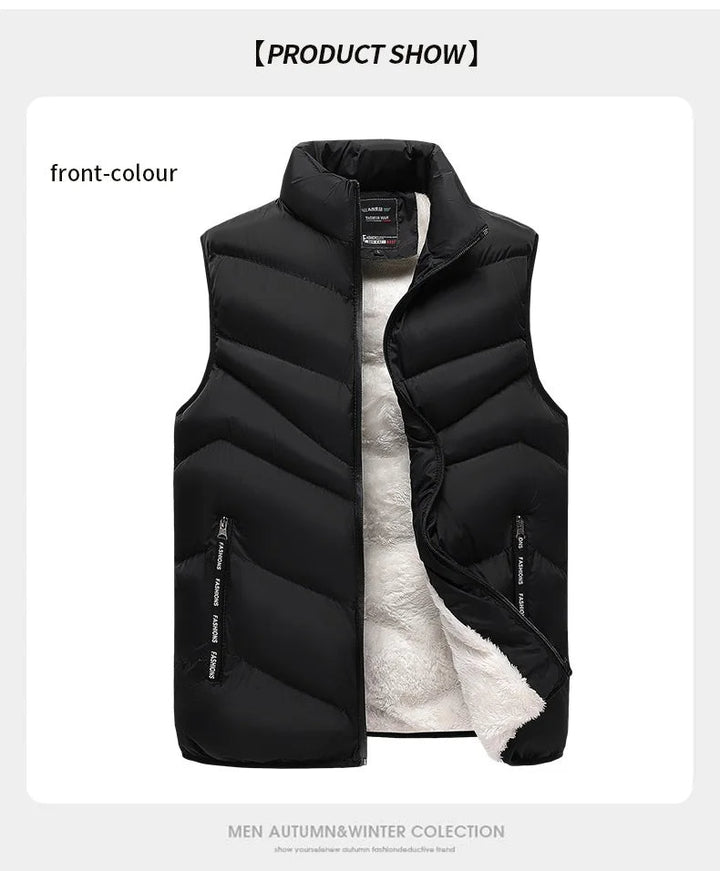 Mouwloos jack voor heren, warm en veelzijdig, met praktische ritssluiting; essentieel voor koudere dagen.