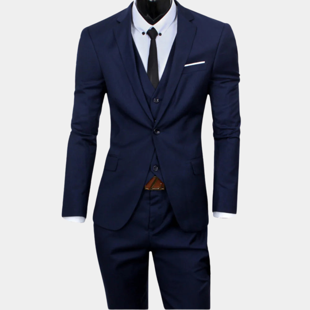 Stijlvol 3-delig slim-fit herenpak met colbert, pantalon en gilet. Ideaal voor elegante mannenmode.