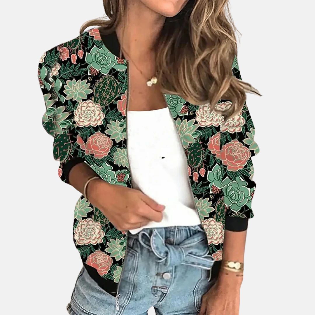 Hoogwaardig polyester dames bomberjack. Comfortabel en stijlvol met een gedurfde, trendy digitale retro print.
