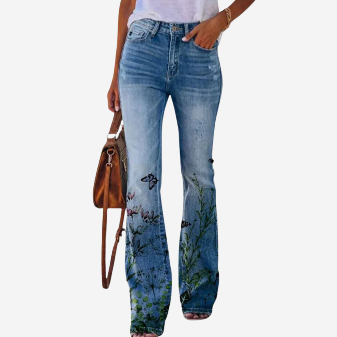 Modieuze dames flare spijkerbroek met unieke print. Wijde pijp jeans, perfect voor een trendy outfit.