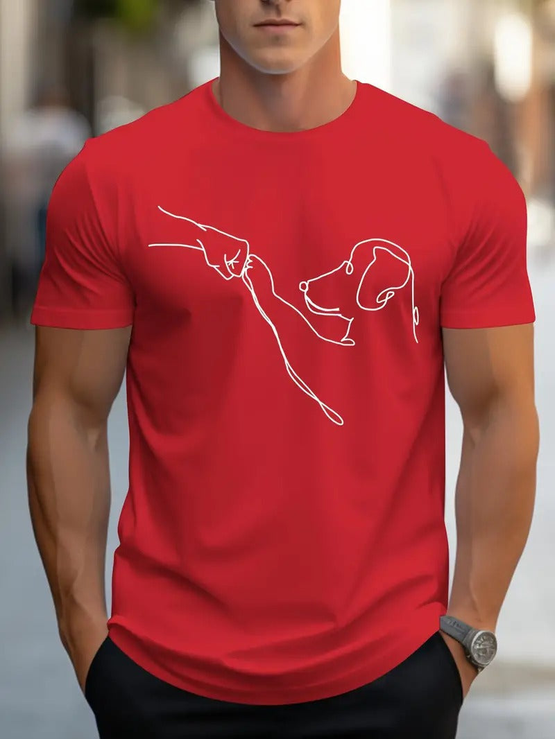 Modieus heren t-shirt met ronde hals, sportief uniek design: hondenprint en vuist. Comfortabele casual herenmode.