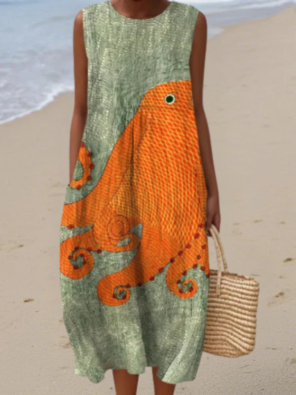 Mooie mouwloze midi strandjurk voor dames met een vrolijke print, perfect voor ontspannen dagen.