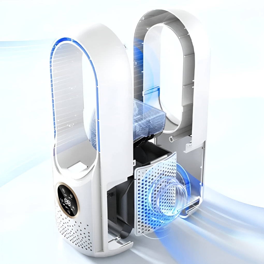 Moderne witte bladloze torenventilator. Stille ventilator voor optimale luchtcirculatie en een frisse omgeving.