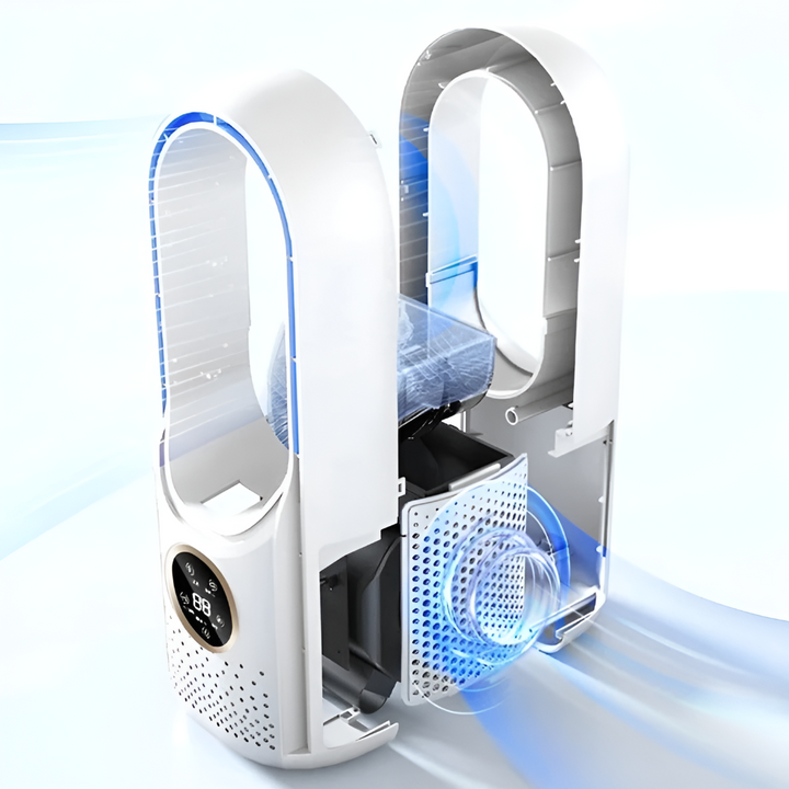 Moderne witte bladloze torenventilator. Stille ventilator voor optimale luchtcirculatie en een frisse omgeving.