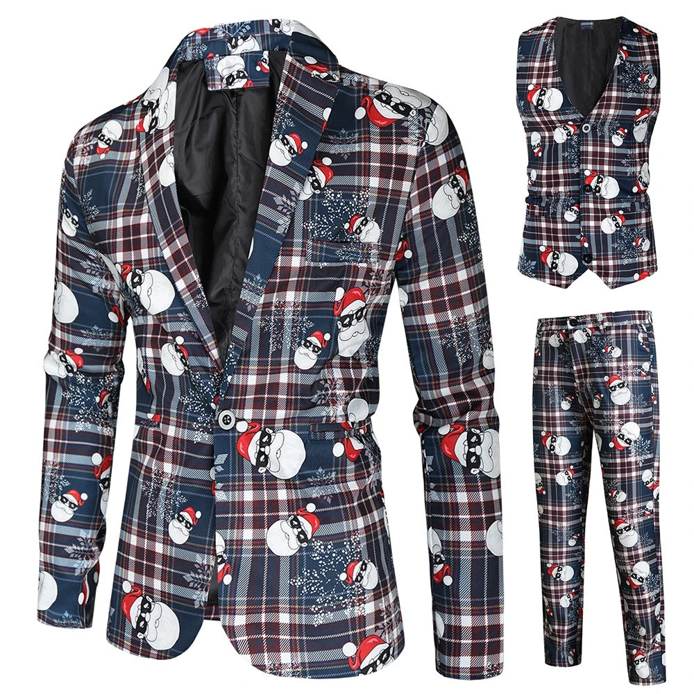 Complete 3-delige heren outfitset: kerstpak met blazer, gilet en broek voor onvergetelijke feestdagen.