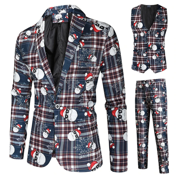 Complete 3-delige heren outfitset: kerstpak met blazer, gilet en broek voor onvergetelijke feestdagen.