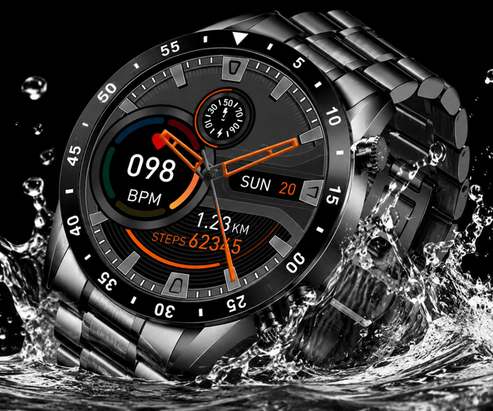 De Heren Smartwatch Deluxe naast een smartphone, symboliseert naadloze Bluetooth connectiviteit en gemak.
