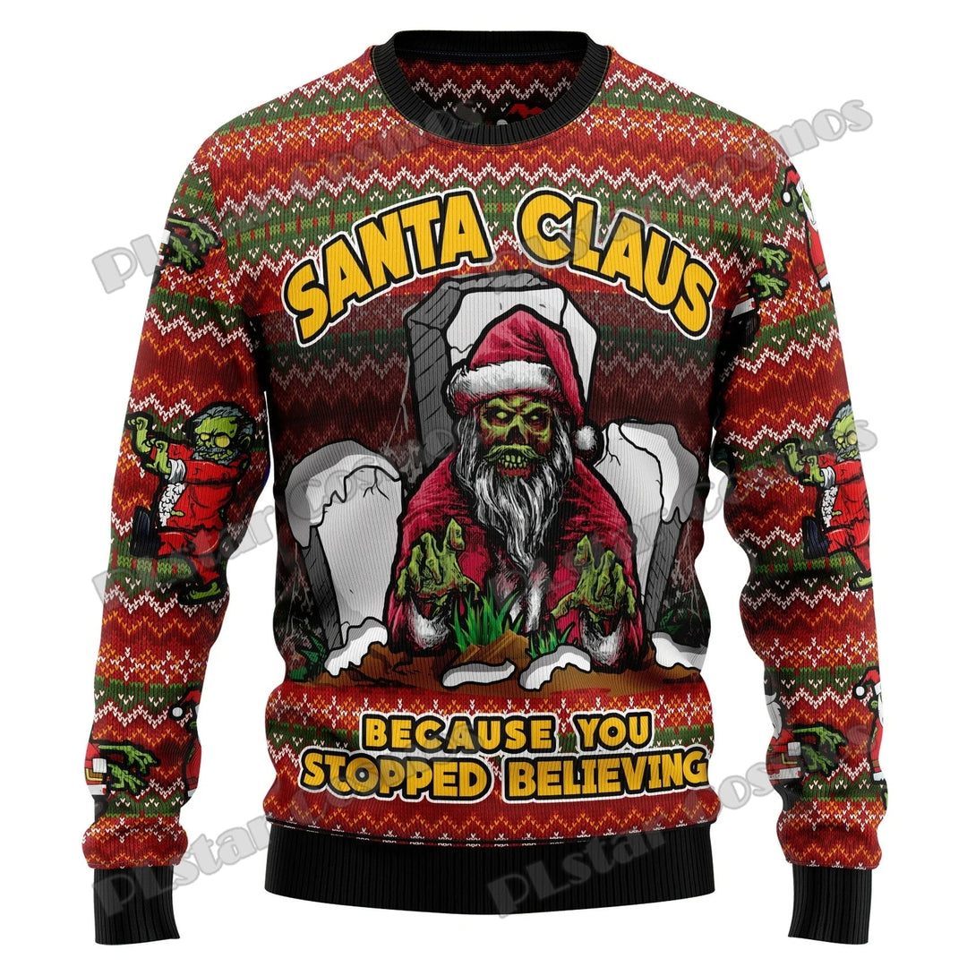 Warme heren kersttrui, ideaal als foute kerstkleding. Zwarte sweater met feestelijke en unieke Santa print.