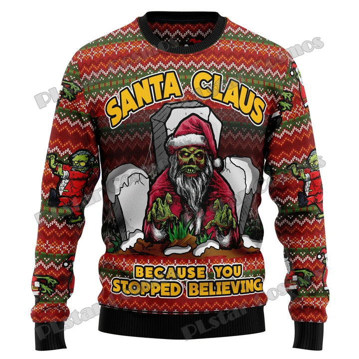 Warme heren kersttrui, ideaal als foute kerstkleding. Zwarte sweater met feestelijke en unieke Santa print.