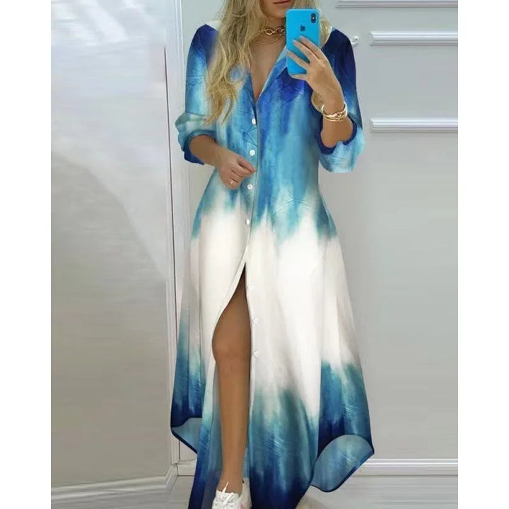 Elegante damesjurk Esmee, een opvallende printjurk met lange mouwen en soepele stof, ideaal voor feesten.