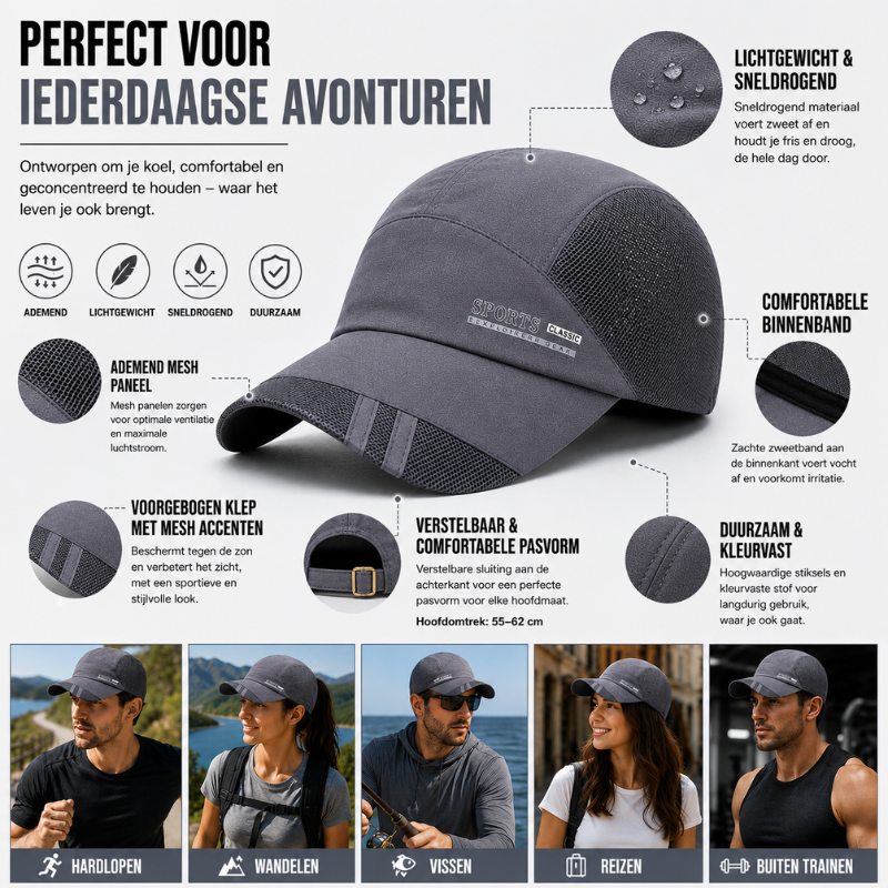 Lichtgewicht sportcap voor zowel dames als heren, ideaal voor hardlopen en actieve sporten.