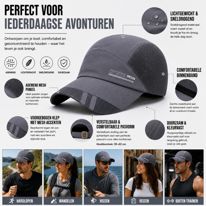 Lichtgewicht sportcap voor zowel dames als heren, ideaal voor hardlopen en actieve sporten.