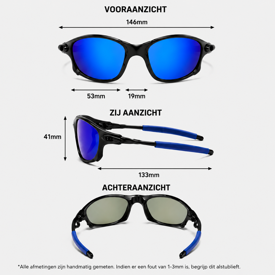 Close-up: Gepolariseerde lens van heren sport zonnebril. Minimaliseert schittering en beschermt.