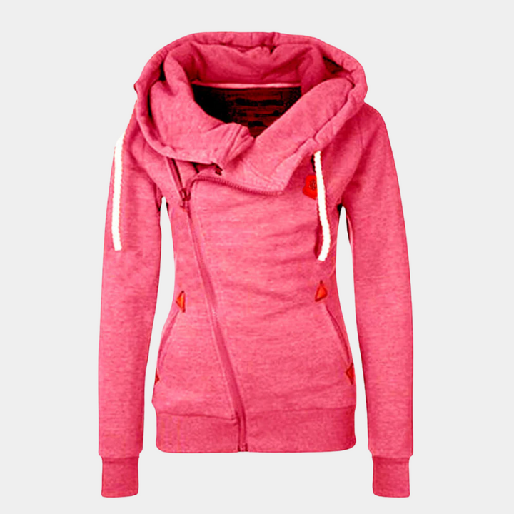Dames sportief vest in modern design met asymmetrische capuchon. Ideaal voor fitness of casual dagen.