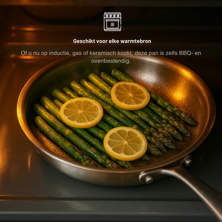 Verse ingrediënten bakken in een duurzame, gifvrije gehamerde titanium koekenpan. Stijlvol en gezond koken.
