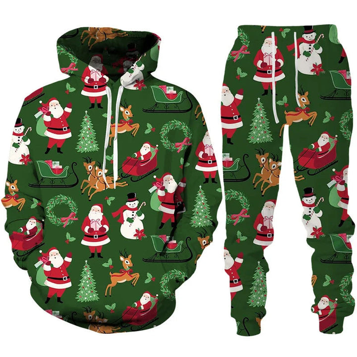 Feestelijke heren kerstoutfit: complete set met hoodie en broek voor comfort en gezelligheid.
