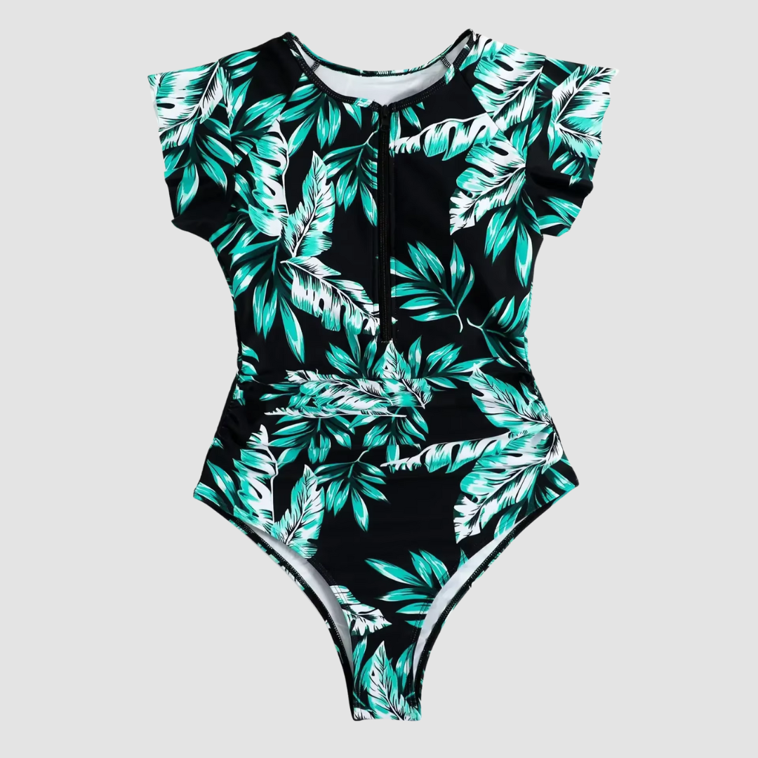Chique dames zwempak met camouflageprint, bandeau top en ritssluiting, voor een trendy look.