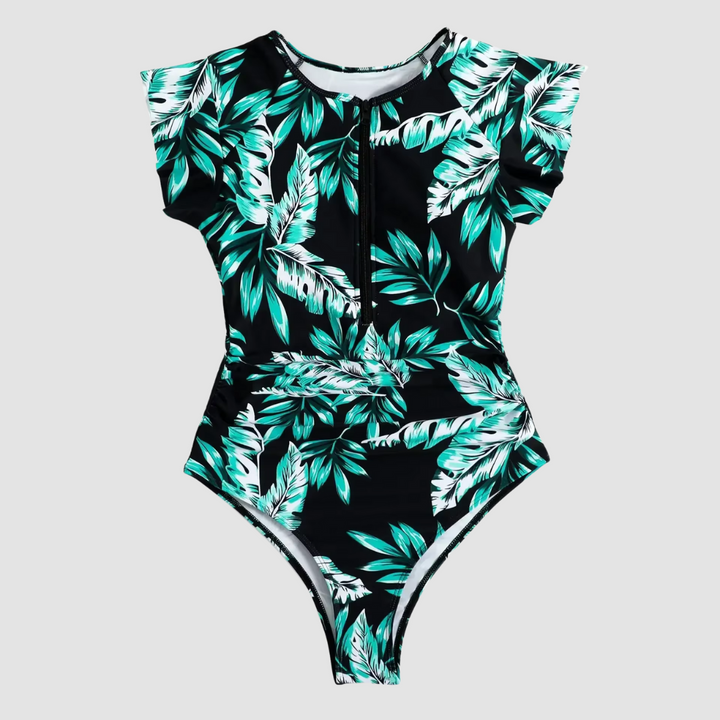 Chique dames zwempak met camouflageprint, bandeau top en ritssluiting, voor een trendy look.