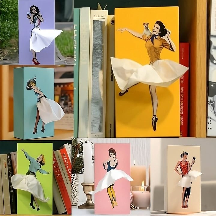 Unieke vliegende rok tissuebox voor speels interieur; kleurrijk design woonaccessoire, perfect cadeau.