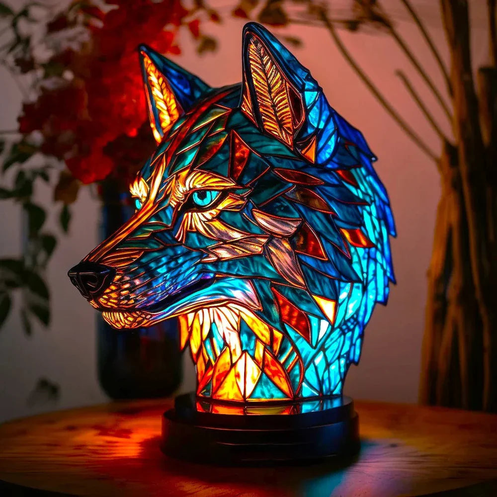 Gedetailleerde glas-in-lood dierenlamp, brengt warme sfeer als unieke decoratieve verlichting.