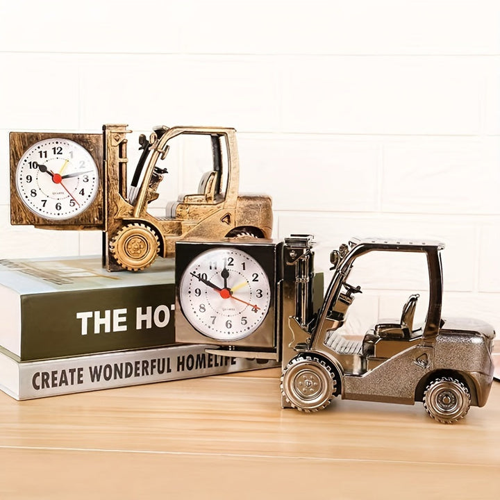 Retro vorkheftruck wekker met functionele klok, perfect voor unieke slaapkamer decoratie.