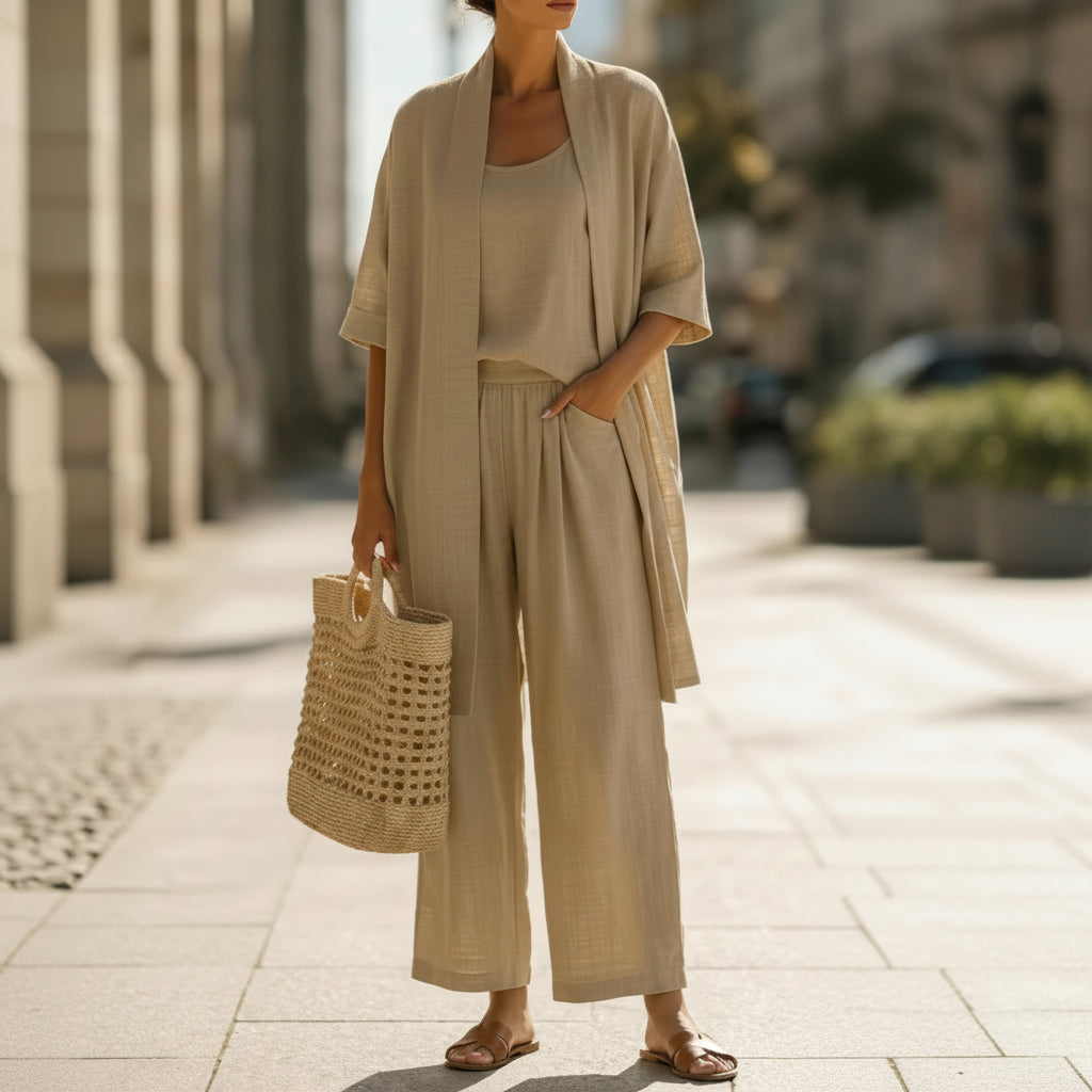 Stijlvolle dames 3-delige set: comfortabel vest, tanktop & rechte broek, perfect voor lente/zomer mode.