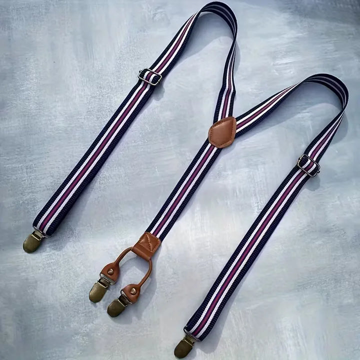 Heren Y-rug bretels met luxe leren details en zilverkleurige metalen clips, ideaal voor formele en zakelijke outfits.