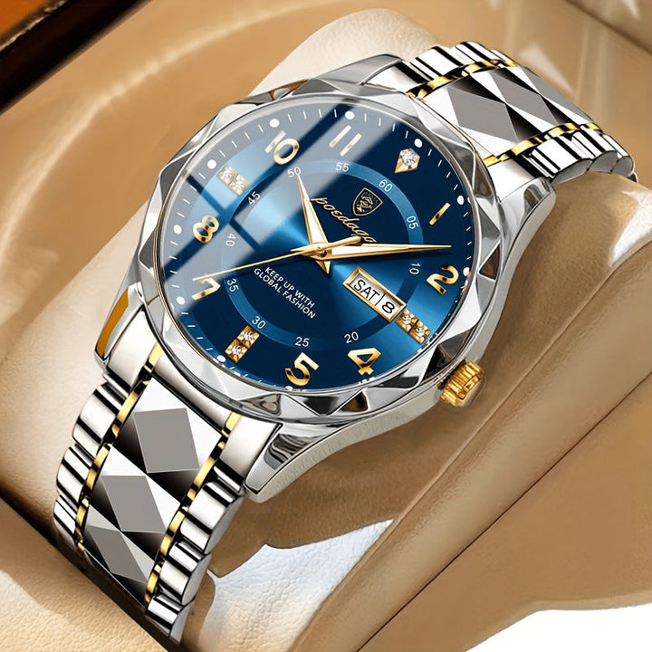 Multifunctioneel herenhorloge met stopwatch, alarm en datum, waterdicht en robuust, kwarts uurwerk.