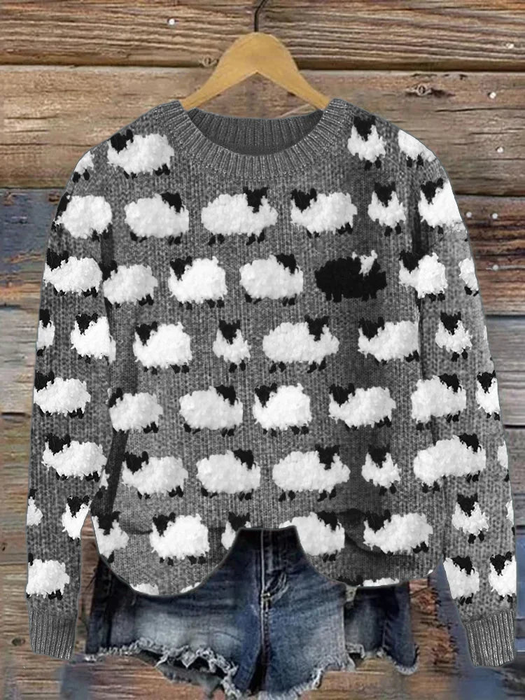 Populaire retrotrui voor dames, zacht en warm met schattig schapenpatroon. Ideaal voor een comfortabele winter look.