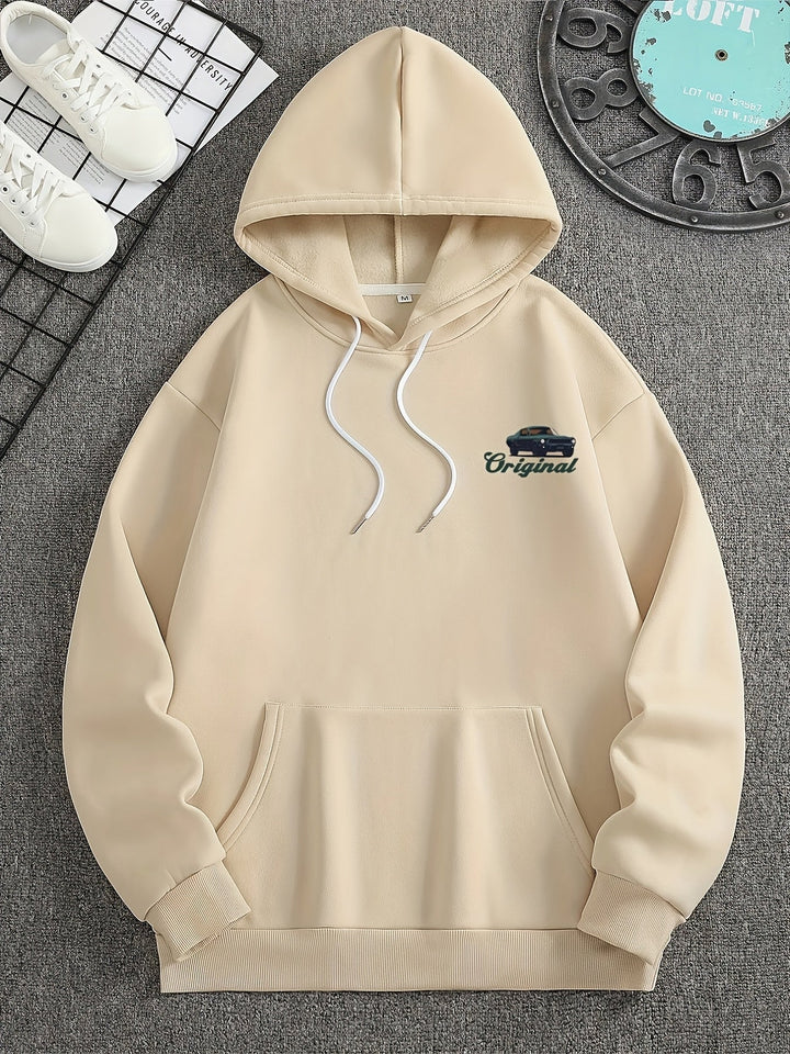 Witte heren vintage muscle car hoodie, loose fit voor optimaal comfort en herenkleding.
