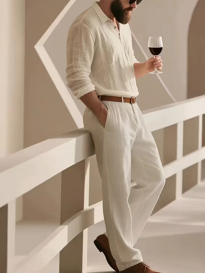 Heren linnen zomerpak met mandarijnkraag in beige, ideaal voor een casual of smart-casual look.
