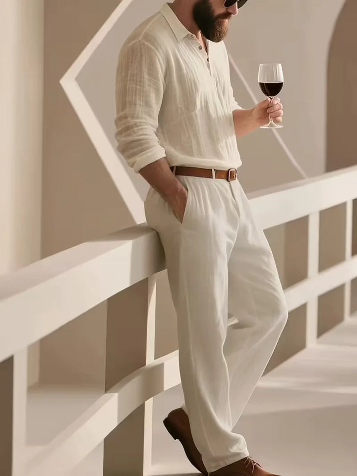 Heren linnen zomerpak met mandarijnkraag in beige, ideaal voor een casual of smart-casual look.