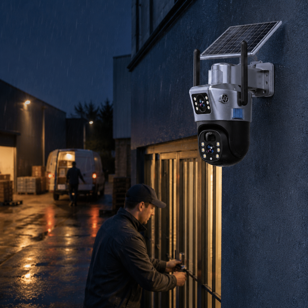 Krachtige 4K draadloze beveiligingscamera met zonnepaneel en 360 graden kijkhoek.